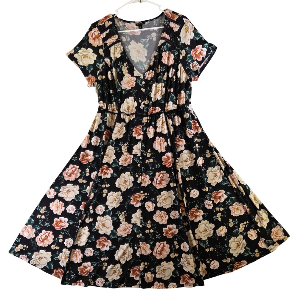 Torrid Black Dark Floral Fit & Flare Midi Dress Plus Size 1X Lace Trim Romantic